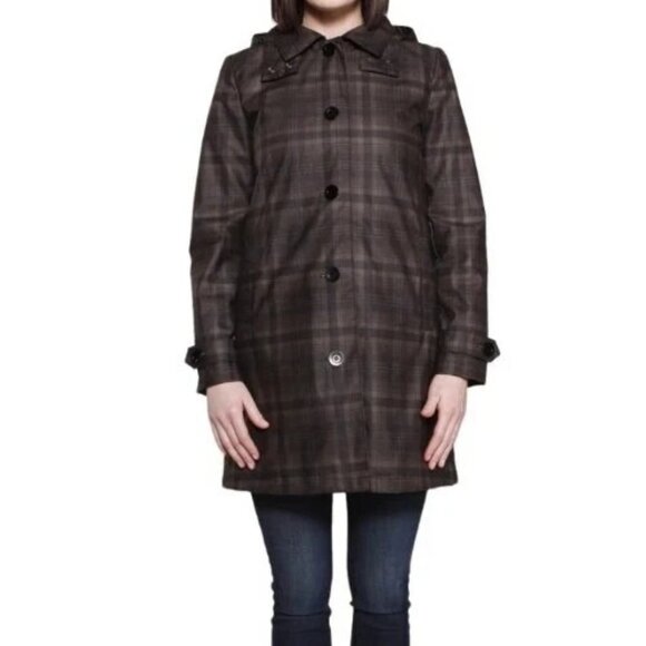 FELLER Seattle Raincoat Brown Plaid Hooded Jacket Women’s L – Rare Print - Picture 2 of 11